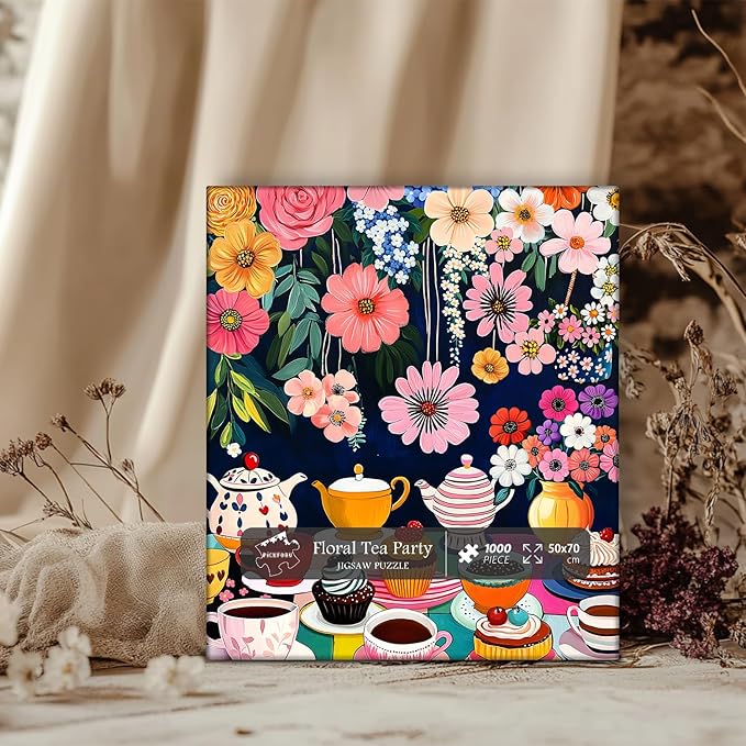 Flower 1000 Piece Puzzle for Adults, PICKFORU Colorful Tea Cups Wildflower Garden Jigsaw Puzzles, Hard Difficult Cupcake Afternoon Tea Theme as Art Decor