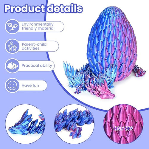 3D Printed Dragon Eggs with Articulated Fly Dragon Inside, Collectible Figurines Fidget Toy for Adults Kids Birthday Easter Christmas White Elephant Gifts for Friends Colleagues(Purple, M size)