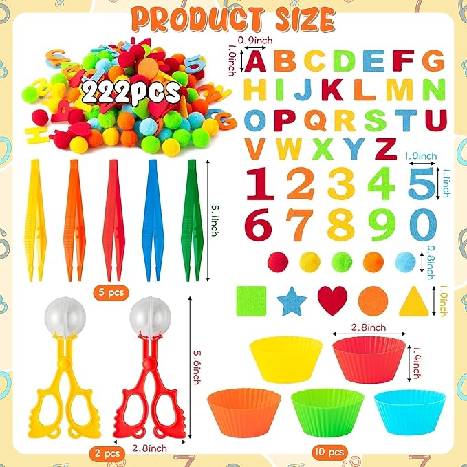 EZdhuawuse Letters Numbers Sensory Bin Fillers - 240Pcs Summer Alphanumeric Fine Motor Skills Toys Color Counting Sorting Set for Kids, Felt Letter Pom Poms Cup Clip for Preschool Education Activities
