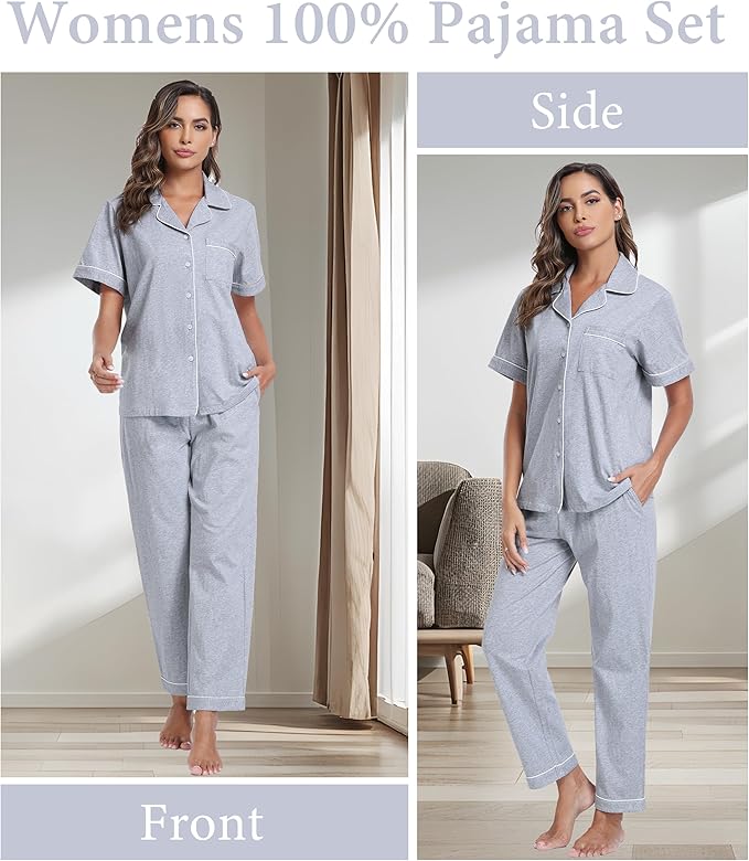 CF Womens 100% Cotton Pajamas Set Button Down Pjs Sets Short Sleeve Top & Long Pants Sleepwear Comfy Loungewear with Pockets