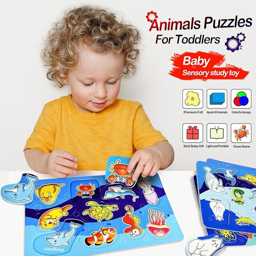 4 Pack 40 Pieces Felt Ocean Theme Zoo Animals Forest Ocean Toys for Toddlers Puzzles Educational Toddler Montessori Learning Matching Game Christmas Birthday Gifts Toys for Kids Felt Busy Board