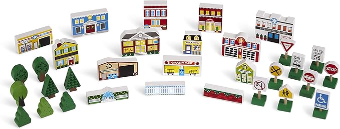 Melissa & Doug Wooden Town Play Set with Storage Tray (32 pcs) Pretend Play Wooden Town Set for Kids with Storage