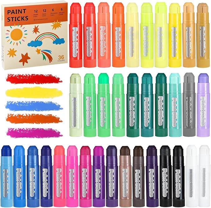 36 Colors Tempera Paint Sticks, No Mess, Quick-Drying & Non-Toxic Art Supplies, Easy-Grip for Toddlers and Kids, Works Great on Paper, Wood, Glass, Canvas, Gifts for Drawing on Various Objects