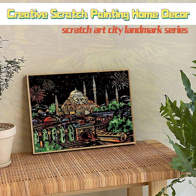 Scratch Art for Adults & Kids-Scratch Painting Craft Kit (16x11 in)|Foil Engraving Art Set|Stress Relief Gift for Travel Lovers,Craft Lovers|Creative Scratch Art Home Decor(Great Wall&Blue Mosque)