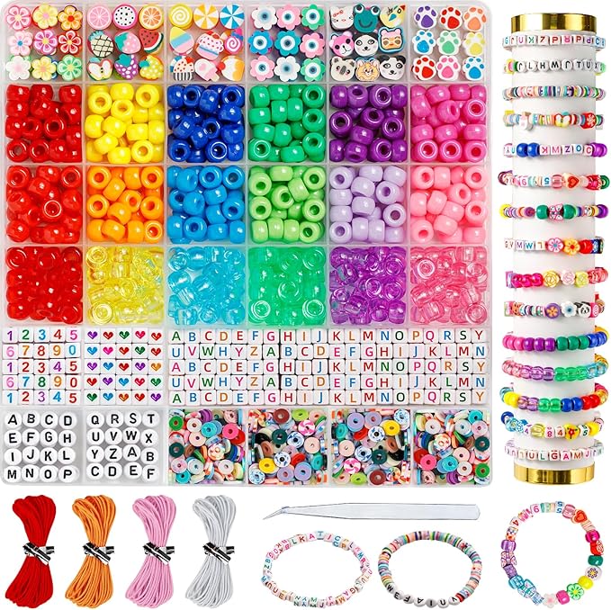 Ybxjges Bracelet Making Kit, 1000 Pcs Beads for Friendship Bracelet Kit with Pony, Polymer Clay, Letter Beads for Jewelry Making DIY Crafts Girts for Girls Age 6-12