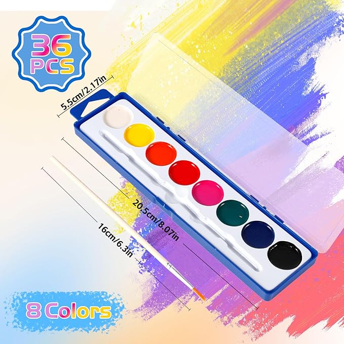 36 Pack Watercolor Paint Set for Kids,8 Color Washable Water Colors Paint Kids,Watercolor Paint with Brushes for Party Favors,Classrooms,Art Supplies