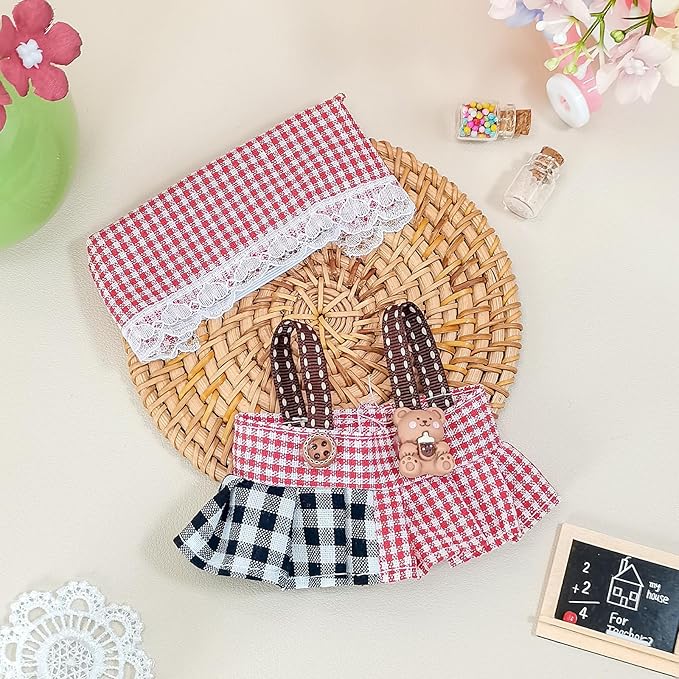 17cm Doll Clothes Set, Compatible with Labubu, Floral Dress with Lace Trim, Headband & Bear Charm Accessory (NO Doll) (Red Gingham)