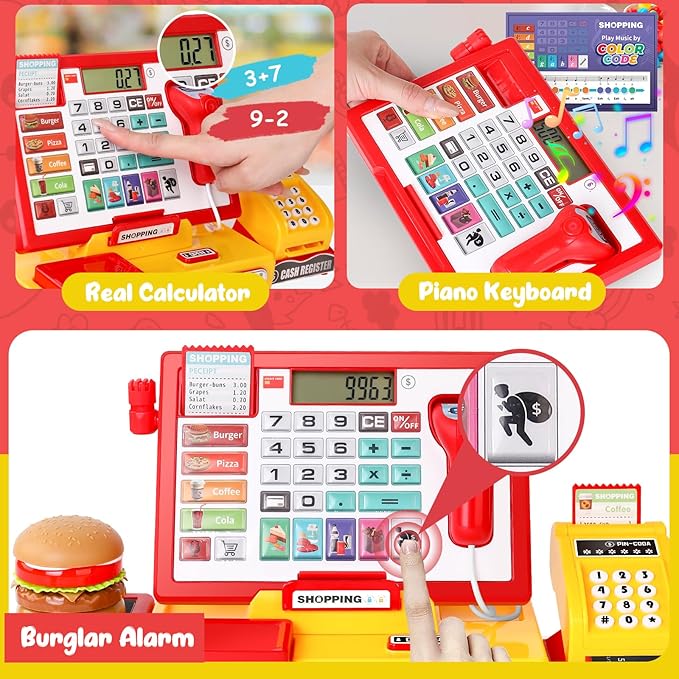 Cash Register for Kids with Scanner Realistic, Pretend Play Toy Cash Register with Fast Food/Fake Money/Credit Card/Calculator/Microphone Gift Ideas for Toddlers Girls Boys 3-5 4-8, Yellow