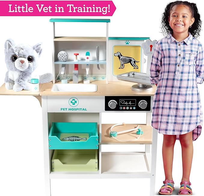 Vet Center Pretend Pet Hospital Playset- Wooden Animal Interactive Medical Checkup Set with Toy Cat, X-Ray Cards Stethoscope & Veterinarian Medical Accessories, Fun Doctor Role Play Xmas Gift for Kids