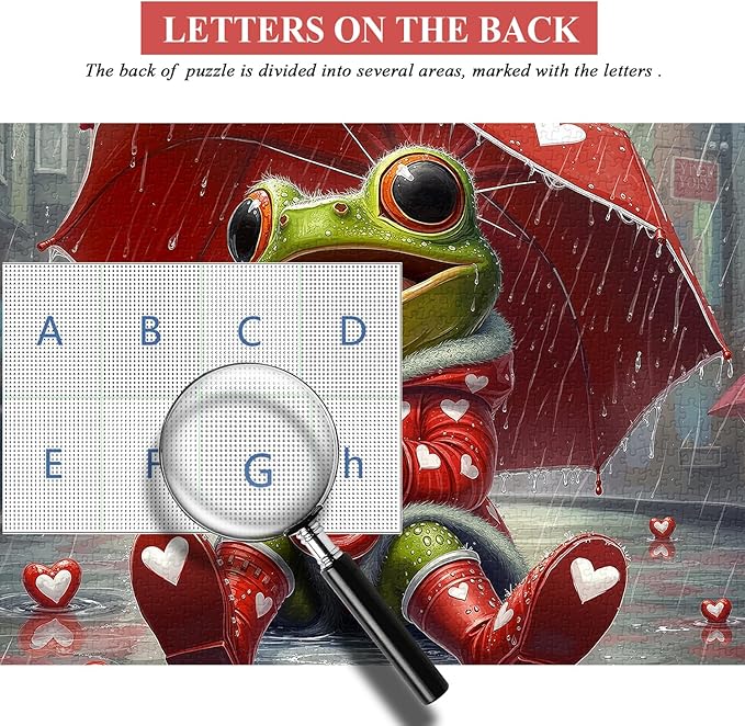 Cute Frog Puzzles for Adults 1000 Pieces, PICKFORU Happy Rain Fun Jigsaw Puzzle Umbrella, Challenging Colorful Love Hearts Theme as Art Decor