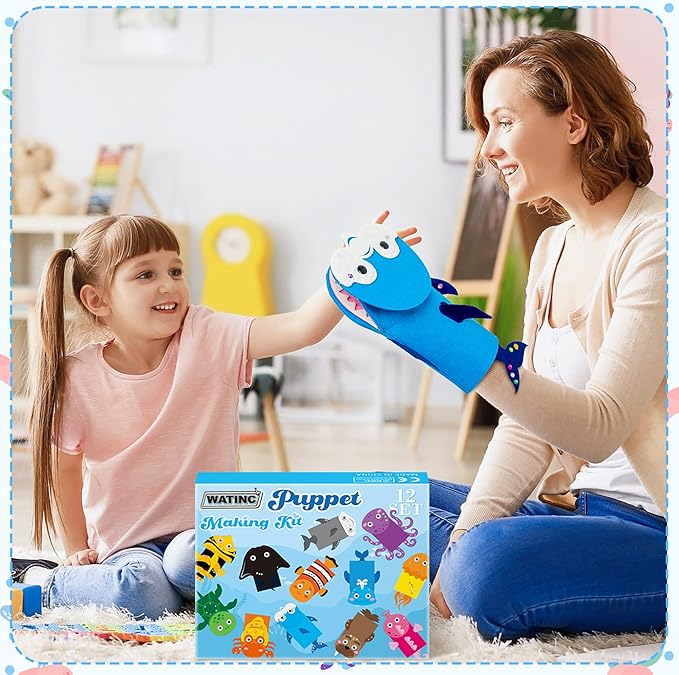WATINC 12Pcs Hand Puppet Making Kit, Art Craft Felt Sock Puppet Toys, Creative DIY Make Your Own Pompoms Wiggle Googly Eyes Storytelling Role Play Party Supplies Gift for Girls Boys (Ocean Animals)