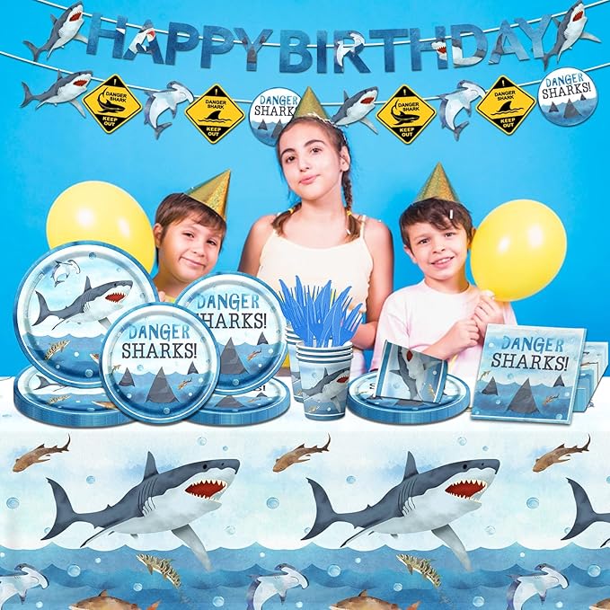 Shark Birthday Party Decorations, 142Pcs Shark Birthday Supplies Tableware Set Includes Plates and Napkins, Cups, Banner, Tablecloth for Baby Shower Ocean Shark Under The Sea Theme Party Supplies