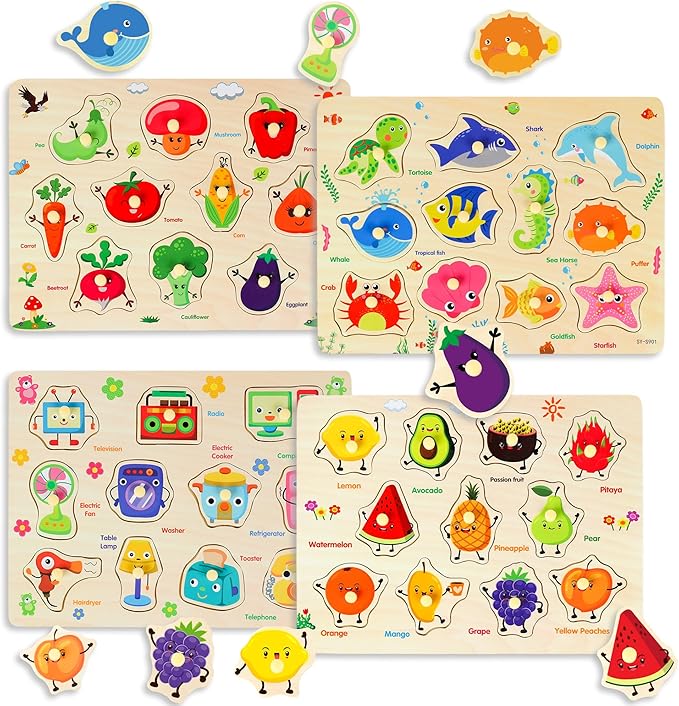 Wooden Peg Puzzles for Toddlers, 4 PCS Toddler Puzzles Set-Fruits, Sea Animals, Home Appliances, Vegetables, Baby Puzzle Montessori Toys for 3 4 5 Years Boys Girls, Kids Preschool Learninng Toys Gift