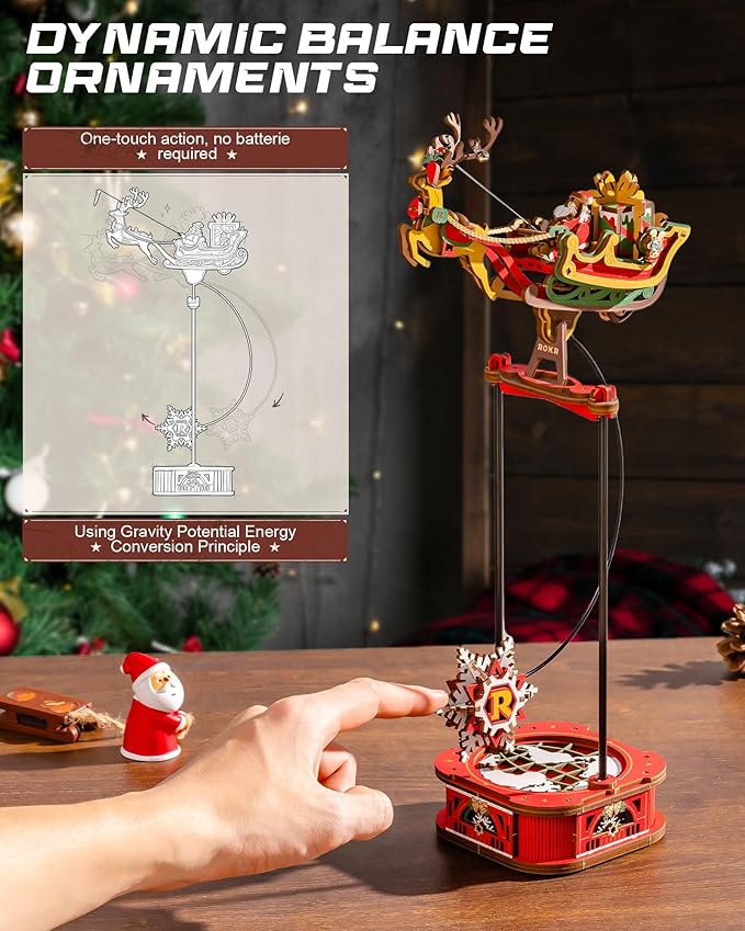ROKR 3D Wooden Puzzle Santa on Sleigh Gravity Swing Series Wooden Model Kits DIY Dynamic Balance Christmas Decor,Mechanical Model Building Kit, for Teens and Adults