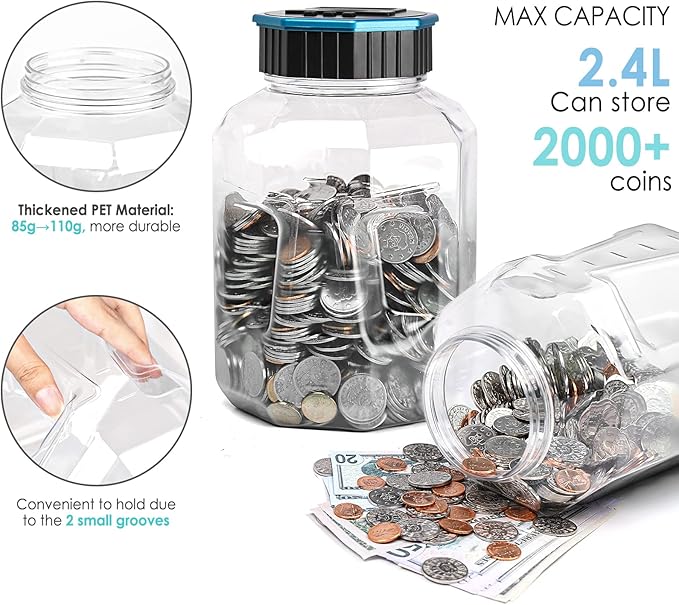 X-Large Piggy Bank for Adults Kids, Vcertcpl Digital Coin Counting Bank with LCD Counter, 2.4L Capacity, Great Coin Counter Bank Money Counting Jar with Total Amount Displayed (Blue, X-Large)