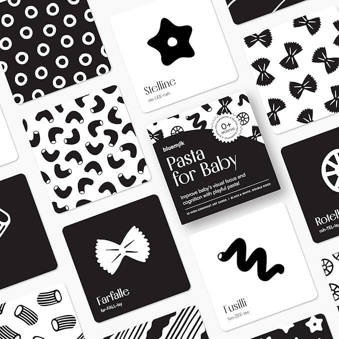 Pasta for Baby High Contrast Cards Sensory Toy Learning Activity Large Black and White Flash Cards Newborn Tummy Time Play 0+ Months Infant Essentials Curious Baby Activity Gift Set