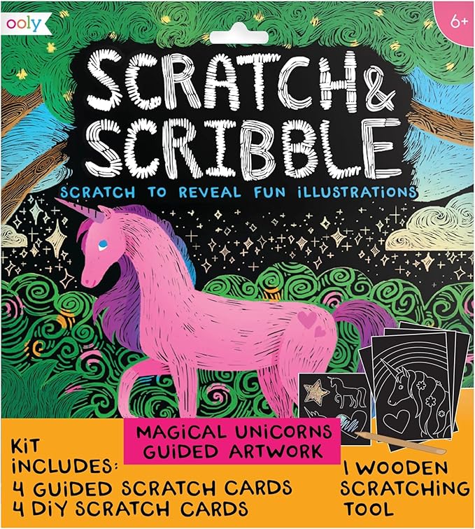Ooly Scratch & Scribble 10pc Art Kit with 8 Total Scratch Cards (4 Illustrated, 2 Blank, 2 Rainbow) with Scratching Tool and Sparkled Stickers, Art Set Gifts for Kids - Unicorns