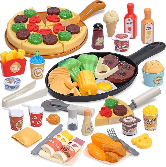 Pretend Food for Toddlers, Play Food Sets for Kids Kitchen with Frying Pan, Pretend Play Kitchen Accessories for Kids, Learning & Educational Toy for Girls Boys