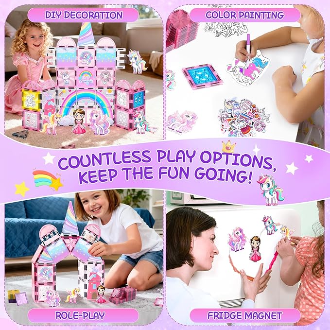 Diamond Magnetic Tiles Unicorns Princess Castle with Magnetic Art Decor Kit, Unicorn Toys for Girl 3 4-6-8, Magnet Tiles for kids 4-8 5 6 7+ Girl Gifts,Magnet Toys Include 5 Dolls,Rainbow,Candy,Decors