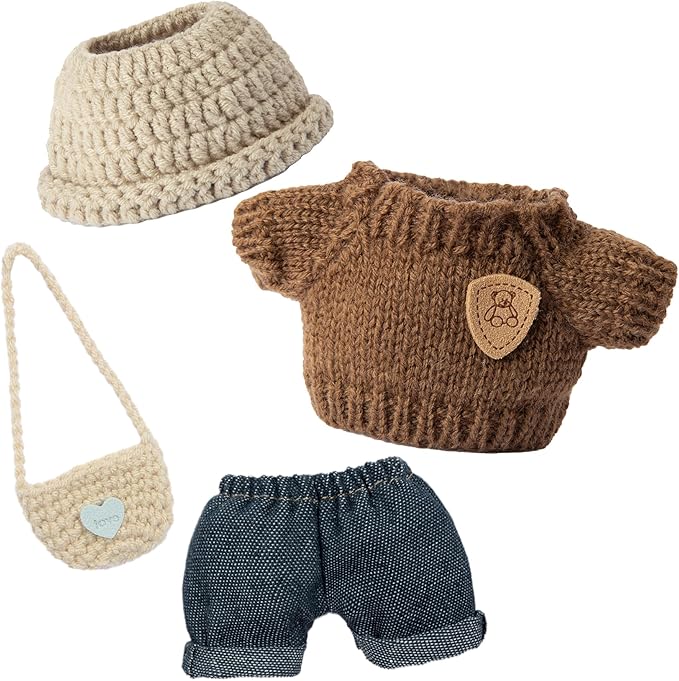 17cm Doll Clothing for Labubu - Kawaii Chic Style Set for 17cm Dolls, Premium Doll Outfit with Accessories - Khaki Wool Hat + Brown Romper + Black Jeans + Khaki Bag (Clothes Only)
