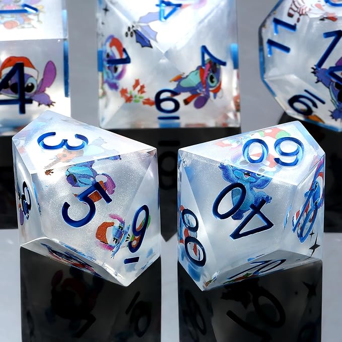 DNDND Carton Dice 7 Piece Sharp Edge Dice Set D&D with Carton Stickers for Dungeons and Dragons D&D Table Games (Silver with Carton)