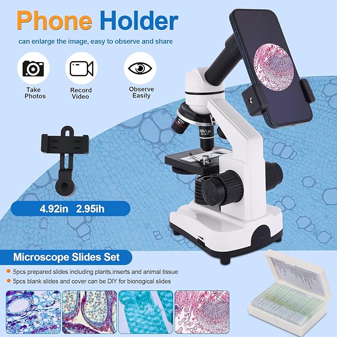Microscope for Adults & Kids, 40X-2500X High-Power Compound Microscope for Students, School Lab & Home Schooling,Equiped with Slides Set & Phone Holder