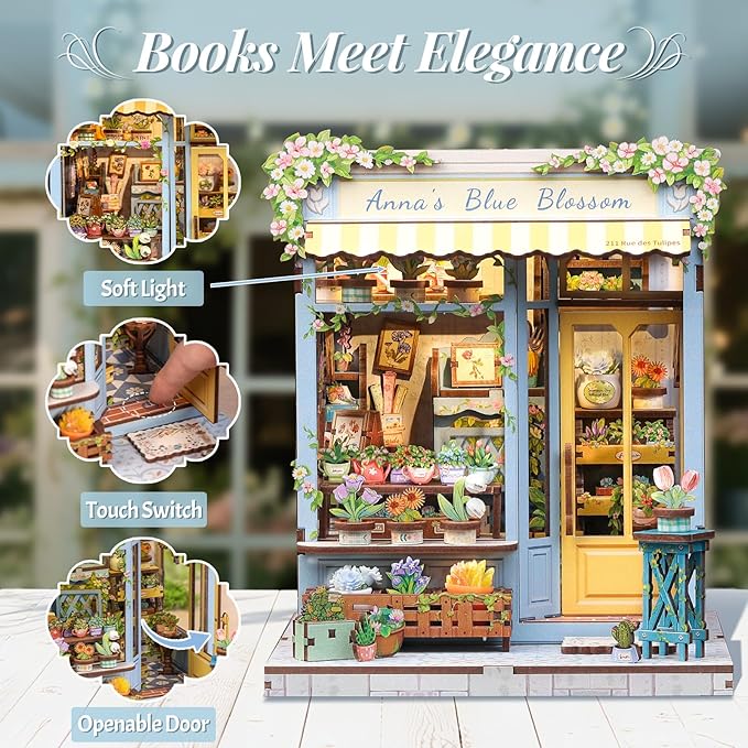 Book Nook Kit, DIY Miniature House Kits for Adult and Teens, Dollhouse Tiny Booknook Garden House Bookshelf, DIY Craft Gifts for Family and Friends (Anna's Blue Blossom)
