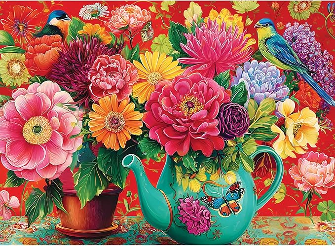 500 Piece Puzzle for Adults, Colorful Flowers in Vases Jigsaw Puzzle, Vibrant Flora with Butterflies and Birds 500 Piece puzzle, Perfect for Family Time, Wall Decor, Gift for Adults, Kids, and Seniors