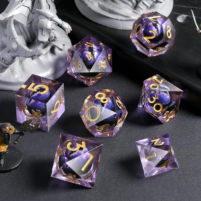 Dragon Eye Sharp Edge D&D Dice，DNDND 7PCS Resin Die with Gift Case for Dungeons and Dragon Talbel Game (Purple Dragon Eye)