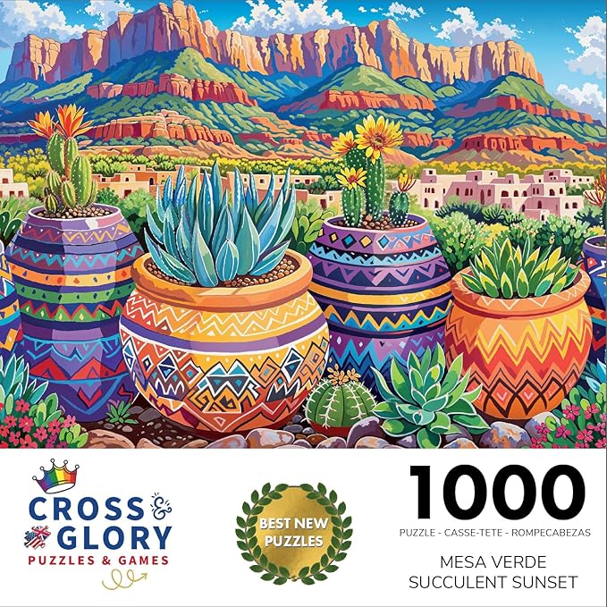 Cross & Glory - Mesa Verde Succulent Sunset - 1000 Piece Jigsaw Puzzle for Adults | Vibrant Cacti & Succulents | Satin Finish