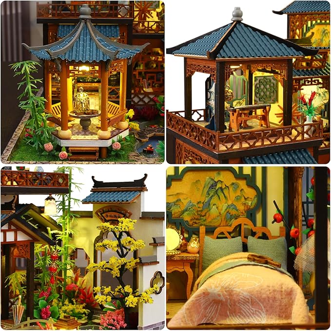 DIY Miniature House Kit - Miniature Wooden Dollhouse Kit - Mini House Building Kit for Adults - Vintage Courtyard Tiny Model House Kit with LED, Miniature Kit, Creative DIY Adult Crafts Gift