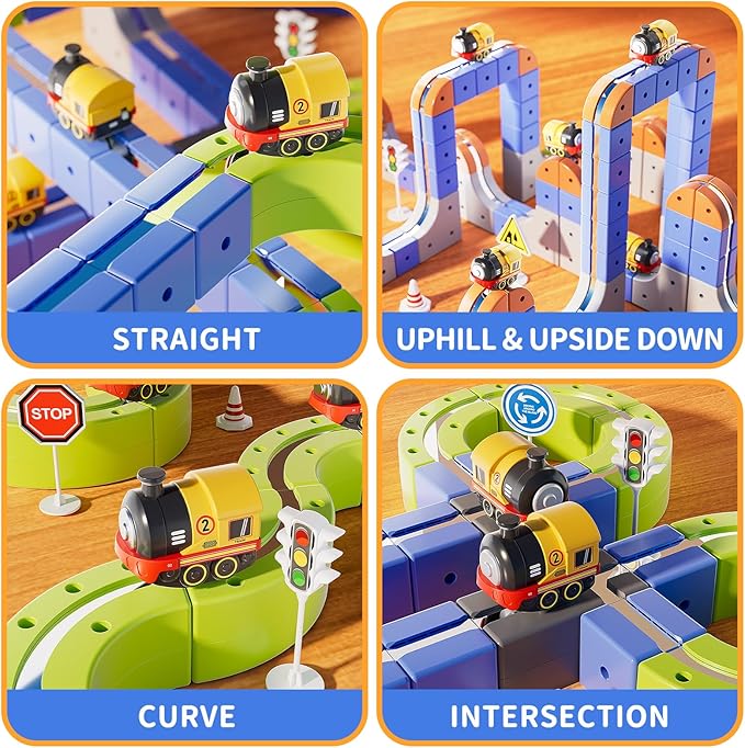 Magnetic Track Car Toys, 101PCS Flexible Race Car Track Sets for Toddlers with Electric Train, Traffic Signs, Kids Train Set Toys for 3 4 5 6 7 8 Year Old Boys Girls Birthday Party Gift-Large