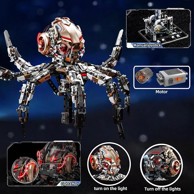 Mechanical Octopus Building Set for Adults with Motor Set - 1900 Pcs,Sea Animal Model Toy Compatible with Lego Octopus,Static and Dynamic Octopuses That Can Be Manually and Automatically Controlled