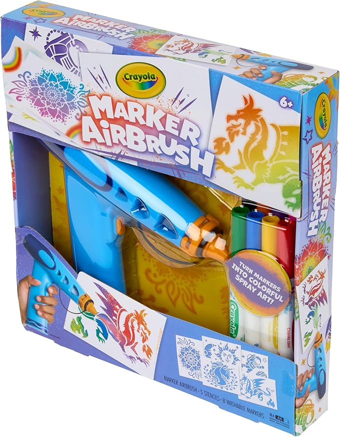 Crayola Marker Airbrush Spray Art Kit, Battery-Powered Sprayer with 8 Washable Markers & 5 Stencils, Holiday for Kids, DIY Craft Set, Ages 6+