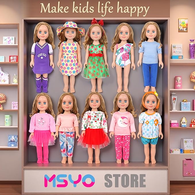 MSYO 10 Sets (20 Pcs) Doll Clothes for 17 - 18 Inch Dolls, Diverse Outfits (Sporty Dress, Floral Dress, Flamingo Swimwear) & Casual Wear, Fashion Dress - Up Set