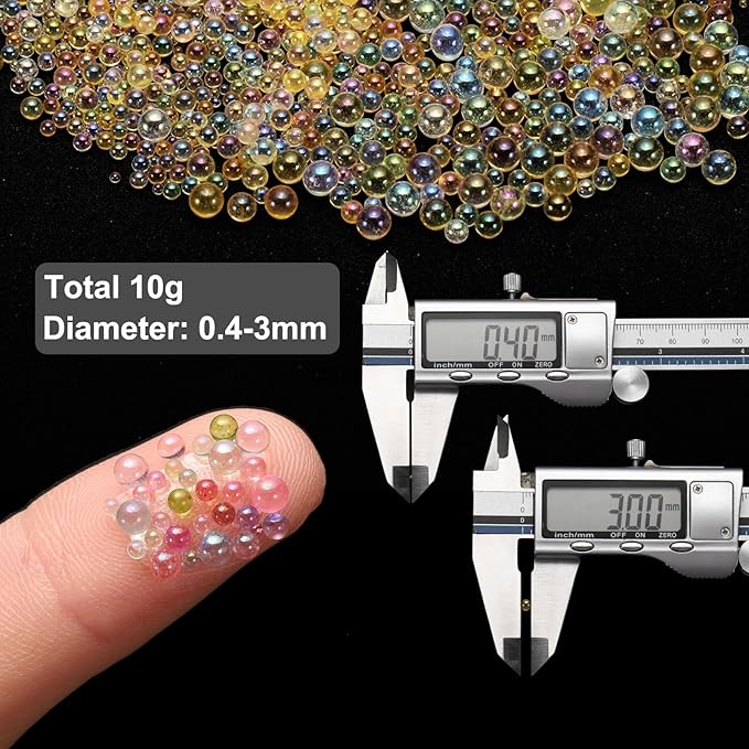 Iridescent Glass Tiny Bubble Beads, 0.4-3mm 10g No Hole Micro Mini Round Golden Yellow Water Droplets Beads - Applications: for Resin Filler, Nail Art, Dollhouse Bath Tub