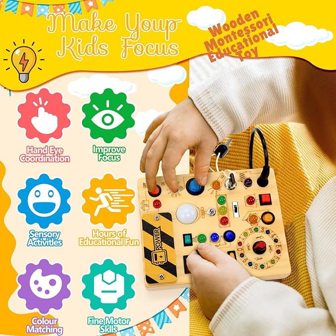 RichBoy Busy Board Toddler Toys Montessori Toys for 1-3 Year Old Boy Girl Birthday Gift for Grandkids, 37 in 1 LED Light Up Sensory Wooden Montessori Switch Board Toy - Learn and Travel (6.7" x 5.3")