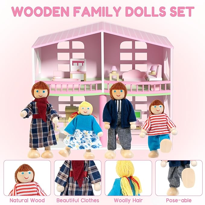 26pcs Wooden Dollhouse Furniture Set with 4 Family Dolls, Pink Dollhouse Accessories for 4 Rooms, Pretend Play Furniture Toy, Birthday Gift for Girls Boys Age 3 4 5 6 Years Old