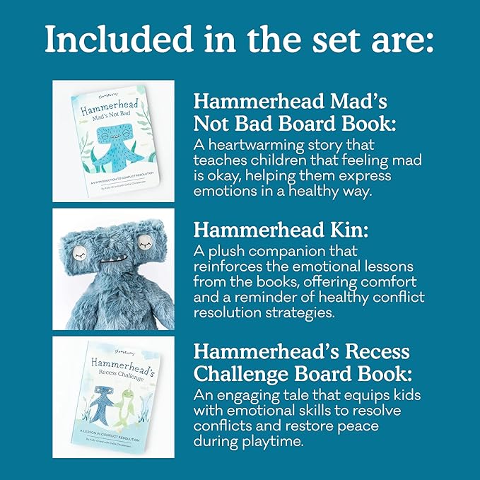 Slumberkins 14" Hammerhead Kin & 2 Board Books Complete Set Bundle | Promotes Conflict Resolution, Social Skills & Responsibility | Social Emotional Development (Hammerhead Kin Plush + 2 Board Books)