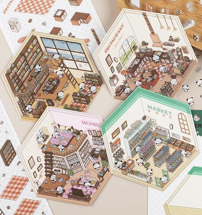 DIY 3D House Stickers, 4 Sets Fun DIY Sticker Scene Make Your Own Mini House Cute Cartoon Animal Scene Stickers for Kids Adult Sticker Art Relief Stress Pass The Time