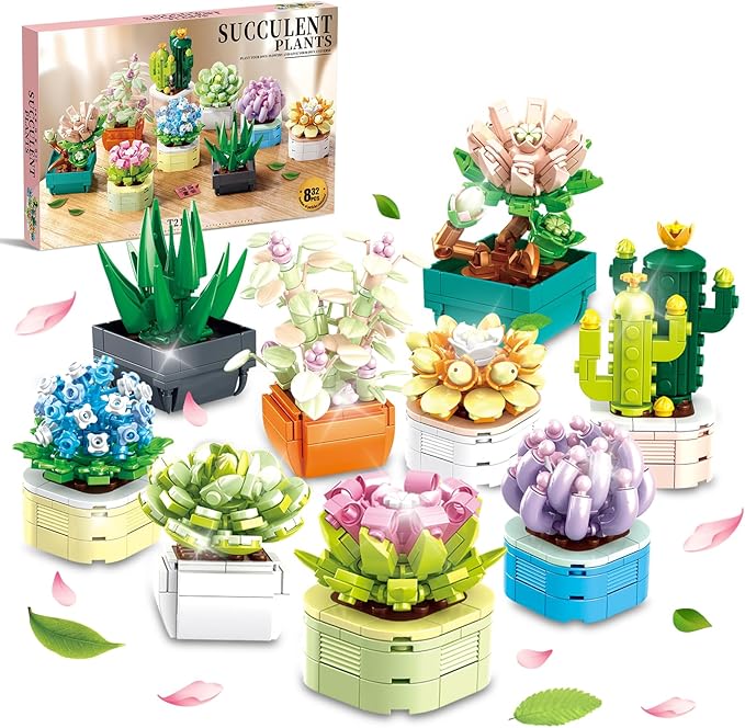 9 Pack Tiny Flowers Succulents Botanical Collection Building Sets 832PCS Compatible with Lego Artificial Plant Set for Home Office Décor Block Toy Bonsai Building Toys Creative Gifts Idea for Girls 6+