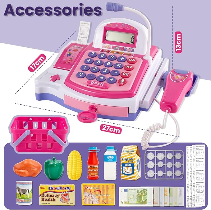 BUYGER Kids Cash Register Toy with Scanner, Receipt Printer, Microphone, Shopping Play Food - Pretend Role Play Birthday for Toddler Kids Boys Girls Ages 3 4-8+ Years Olds
