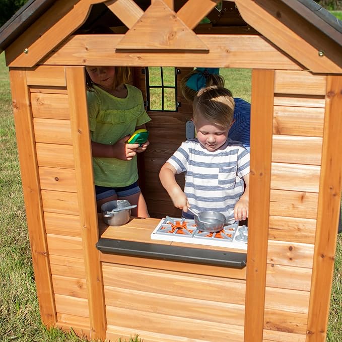 Backyard Discovery Sweetwater Cedar Wooden Kids Playhouse Cottage with Play Kitchen, Snack Bar, Half Door, Toy Phone, Windows, Flowerpot Holders, and Working Doorbell for Outdoor Imaginative Play