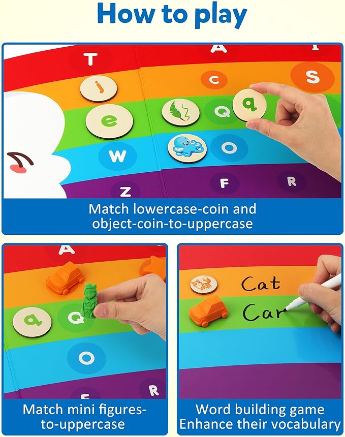 Coogam Rainbow Alphabet Learning Toy, Magnetic Letters and Mini Figures Sorting Matching Game, Fine Motor Educational Teaching Activity for Preachool Kids 3 4 5 Year Old