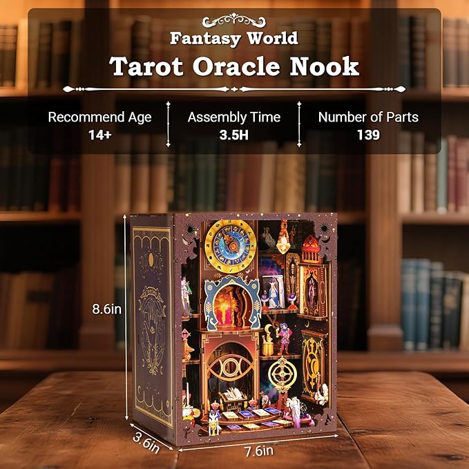 Book Nook Kit - DIY Miniature Dollhouse with LED Lights for Adults & Teens, Fantasy Tarot-Themed 3D Wooden Bookshelf Decor, for Craft Lovers