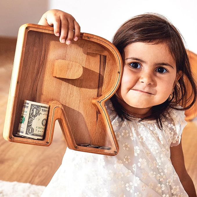 Personalized Wooden Piggy Bank – Custom Letter R Coin Bank in Beech Wood with Clear Acrylic Front, Engraved Name Option, Money Saving Box for Kids and Adults