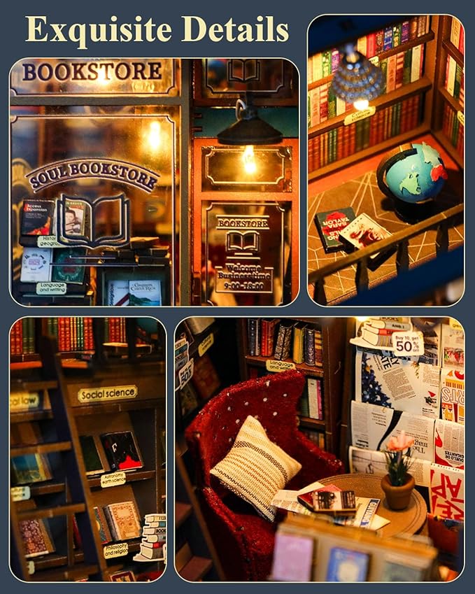 Book Nook Kit Soul Bookstore, DIY Wooden Booknooks Kit for Adults Women Teens, Bookshelf Diorama Miniature Scenes Insert Decor with LED Light, Miniature House Kit Bookstore Model Gifts