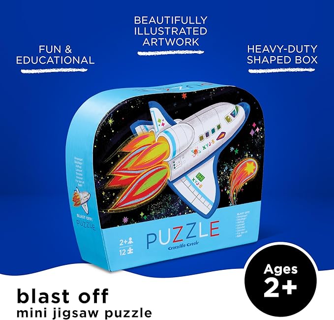 Crocodile Creek 12-Piece Mini Jigsaw Puzzle - Fun Floor Puzzles for Kids Ages 2-4 and Up - Heavy-Duty Shaped Box for Storage - Blast Off - 12" x 9" Finished