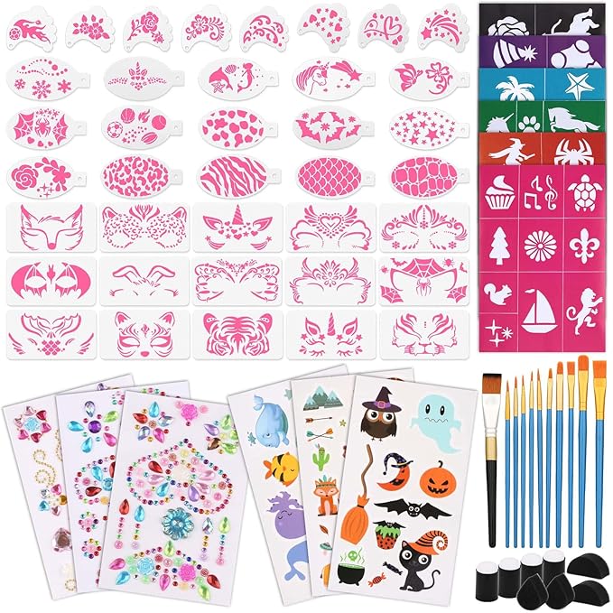 72PCS Face Painting Stencils Kit for Kids & Adults - Reusable Face Paint Templates with 10 Brushes, Makeup Sponge, Glitter Gems & Tattoo Stickers for Halloween, Christmas, Festival Party