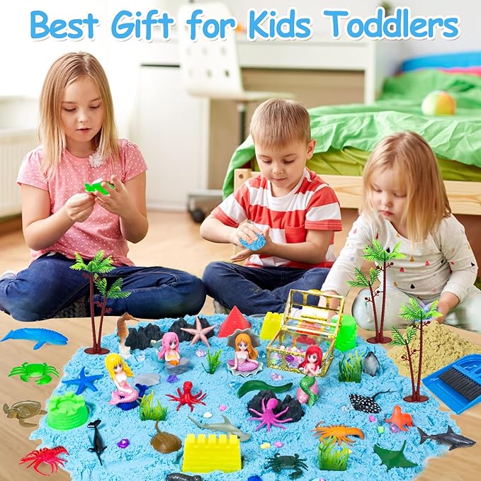 Ocean Sensory Bin, 57 Pcs Mermaid Sand Art Kit Castle Sea Animal Molds Sandbox Toys, Mermaid Play Sand Toy Sensory Playsand for Kids Toddlers, Birthday Gifts for Boys Girls Ages 3 4 5 6 7